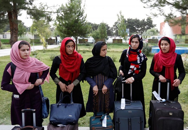 members of afghan robotics girls team arrive to receive their visas from the u s embassy in kabul afghanistan july 13 photo reuters