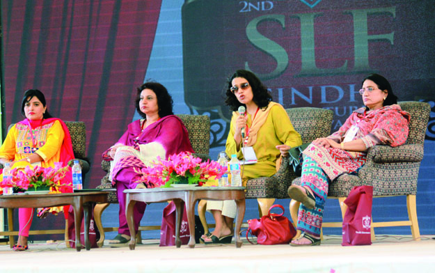 hour long the session sindhi women and men need of a new social contract was moderated by poet amna abro while women rights and civil society activists including raheema panhwar shabnam gul anita shah and shahnaz rahu were the speakers photo athar khan express