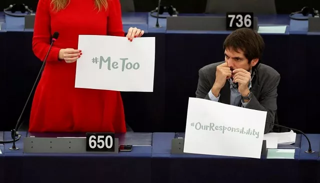 european parliament member terry reintke l holds a placard with the hashtag quot metoo quot during a debate to discuss preventive measures against sexual harassment and abuse in the eu at the european parliament in strasbourg france october 25 2017 reuters christian hartmann european parliament member terry reintke l holds a placard with the hashtag quot metoo quot during a debate to discuss preventive measures against sexual harassment and abuse in the eu at the european parliament in strasbourg france october 25 2017 reuters christian hartmann