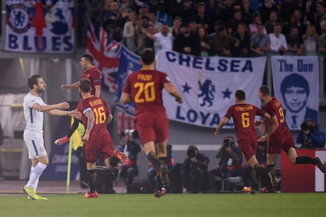 roma 039 s italian striker stephan el shaarawy 2ndl celebrates with teammates after scoring during the uefa champions league football match as roma vs chelsea on october 31 2017 at the olympic stadium in rome photo afp roma 039 s italian striker stephan el shaarawy 2ndl celebrates with teammates after scoring during the uefa champions league football match as roma vs chelsea on october 31 2017 at the olympic stadium in rome photo afp