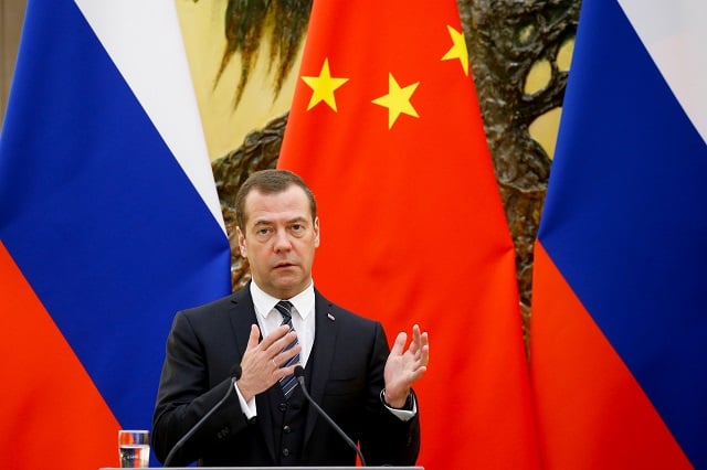 russian prime minister dmitry medvedev speaks during a news conference after talks with chinese premier li keqiang at the great hall of the people in beijing china november 1 2017 photo reuters