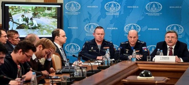 the head of the russian foreign ministry 039 s security and disarmament department mikhail ulyanov r and other officials present analysis of a un report which blamed a sarin gas attack in syria 039 s khan sheikhun on bashar al assad 039 s regime photo afp