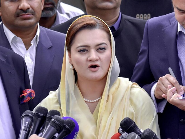 minister of state for information marriyum aurangzeb speaking to the media outside accountability court in islamabad on thursday photo pid