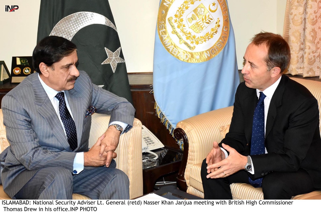 british high commissioner thomas drew meets national security adviser lt gen retd nasser khan janjua on november 6 2017 in islamabad photo inp