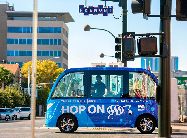 the first public self driving shuttle launched as a pilot project sponsored by aaa and keolis is shown in downtown las vegas nevada november 10 2017 photo reuters