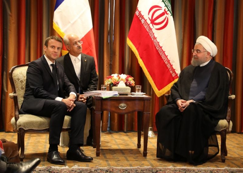 france 039 s president emmanuel macron l meets with iranian president hassan rouhani r in new york for the un general assembly on september 18 2017 photo afp