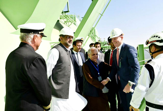 prime minister shahid khaqan abbasi inspects pakistan gasport floating storage regasification unit in karachi on monday photo pid