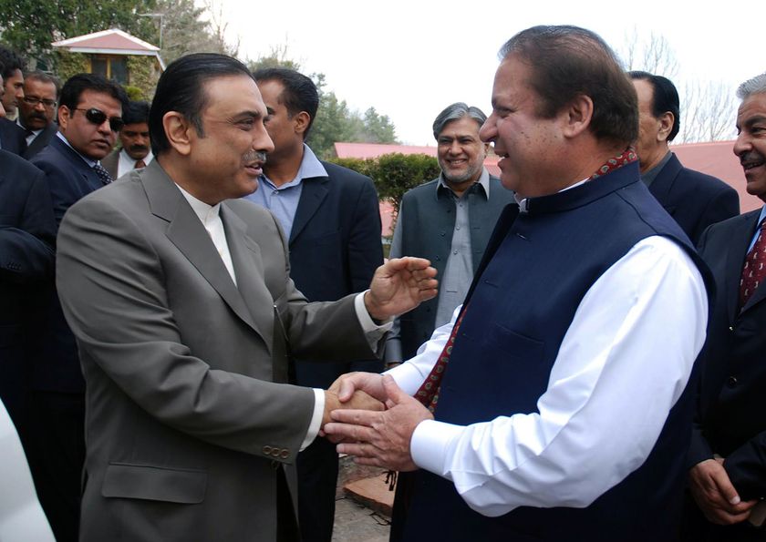 ppp co chairman asif ali zardari shakes hands with pml n leader nawaz sharif photo online file