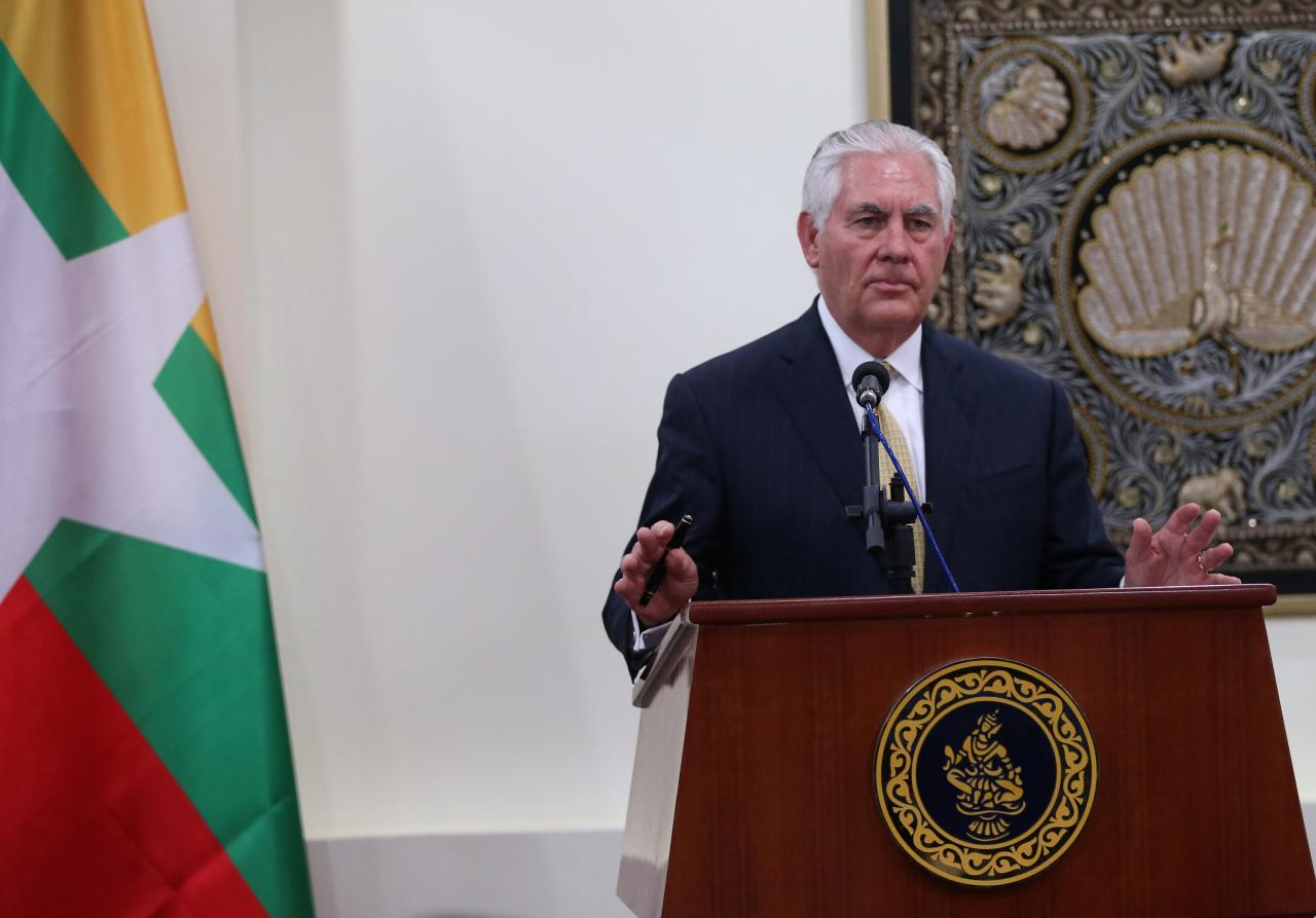 us secretary of state rex tillerson talks to media during a press conference after he met with myanmar 039 s state counselor aung san suu kyi at naypyitaw myanmar photo reuters