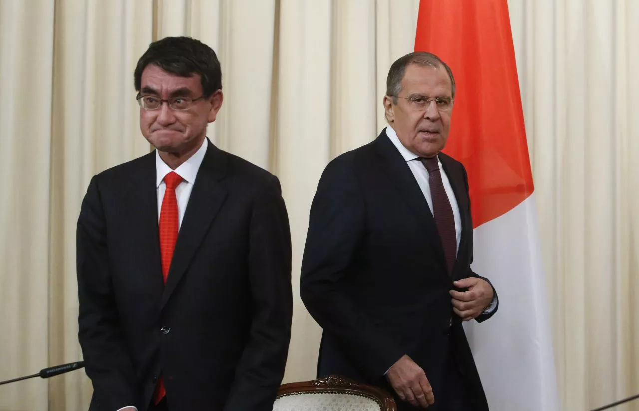 russian foreign minister sergei lavrov and his japanese counterpart taro kono attend a news conference in moscow photo reuters russian foreign minister sergei lavrov and his japanese counterpart taro kono attend a news conference in moscow photo reuters