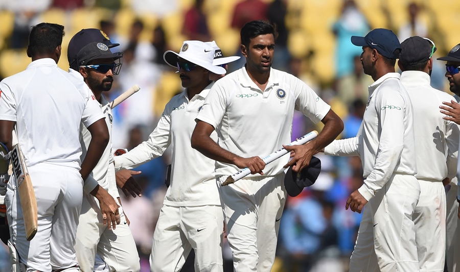 indian cricketer ravichandran ashwin c celebrates with teammates as india won the second test cricket match against sri lanka at the vidarbha cricket association stadium in nagpur on november 27 2017 photo afp