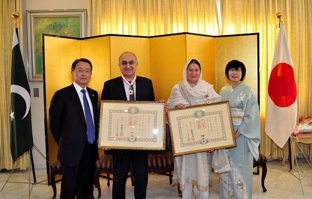 honorary consul general of japan in lahore amir hussain shirazi was conferred with the order of the rising sun gold rays with neck ribbon while pakistan japan cultural association pjca president roeeda kabir was honoured with the order of the rising sun gold rays with rosette photo courtesy embassy of japan in pakistan