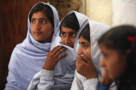 students react while attending a lecture on preventive measures to take when sexual harassment occurs during a class in shadabad girls elementary school in pir mashaikh village in johi some 325km from karachi february 12 2014 photo reuters