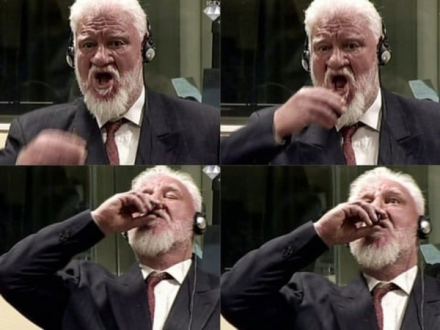 this combination of pictures shows videograbs taken from live footage of the international criminal court icj of croatian former general slobodan praljak swallowing what is believed to be poison during his judgement at the un war crimes court to protest the upholding of a 20 year jail term photo afp this combination of pictures shows videograbs taken from live footage of the international criminal court icj of croatian former general slobodan praljak swallowing what is believed to be poison during his judgement at the un war crimes court to protest the upholding of a 20 year jail term photo afp