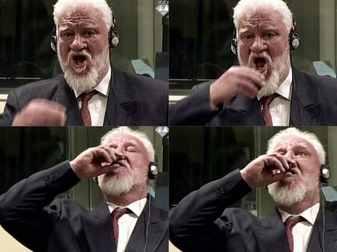 this combination of pictures shows videograbs taken from live footage of the international criminal court icj of croatian former general slobodan praljak swallowing what is believed to be poison during his judgement at the un war crimes court to protest the upholding of a 20 year jail term photo afp