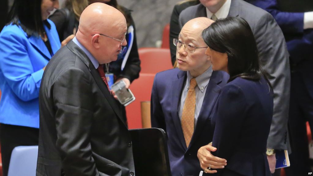 united nations ambassadors vasily nebenzya of russia left liu jieyi of china center and nikki haley of the us right confer after the united nations nonproliferation meeting on north korea photo reuters