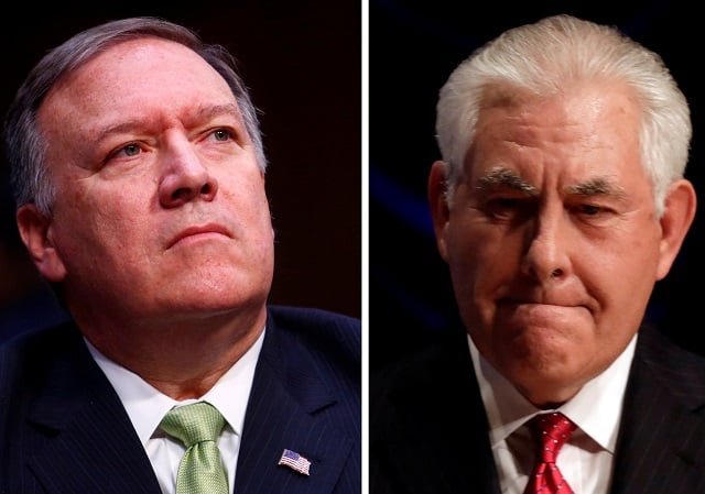 a combination photo of central intelligence agency director mike pompeo l on may 11 2017 and us secretary of state rex tillerson in washington on november 28 2017 photo reuters