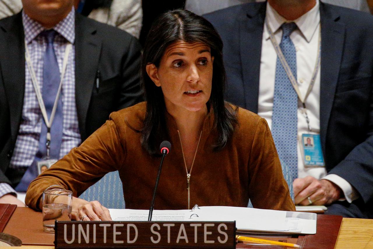 us ambassador to the united nations nikki haley speaks for a bid to renew an international inquiry into chemical weapons attacks in syria during a meeting of the un security council at the united nations headquarters in new york photo reuters