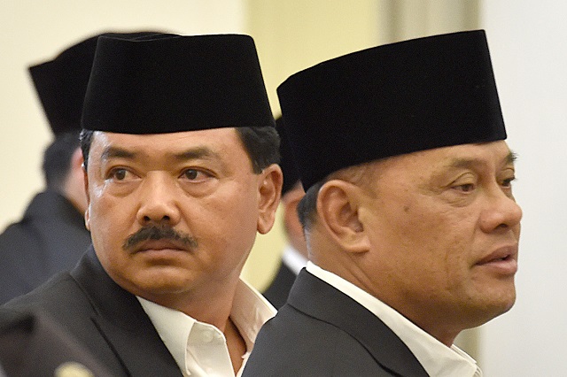 chief of indonesia air forces hadi tjahjanto l stands beside the head of indonesia armed forces general gatot nurmantyo during commemoration day of the birth of prophet muhammad in bogor indonesia november 30 2017 photo reuters