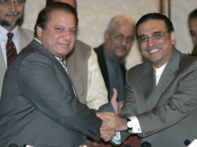 in a file photo nawaz sharif shakes hands with asif zardari photo express