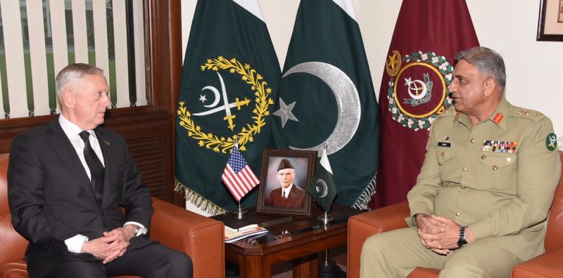 us defence secretary jim mattis calls on army chief general qamar javed bajwa at the general headquarters in rawalpindi on december 4 2017 photo ispr