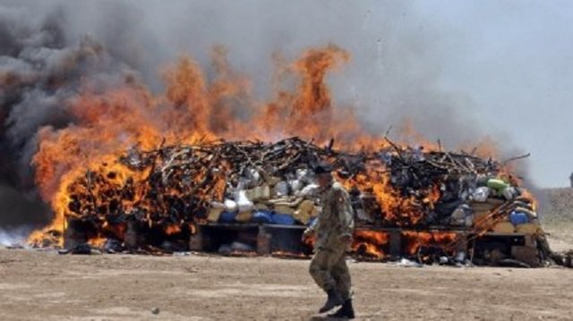 a huge pile of seized drugs burning during a ceremony by anti narcotics force photo afp