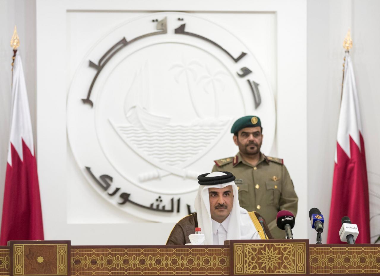 qatar 039 s emir sheikh tamim bin hamad al thani is seen as he speaks to members of qatar 039 s shoura council in doha qatar photo reuters