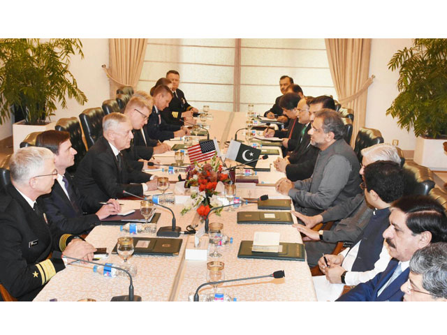 us delegation led us defence secretary james mattis calls on pm shahid khaqan abbasi among other high level officials in islamabad on monday photo pid