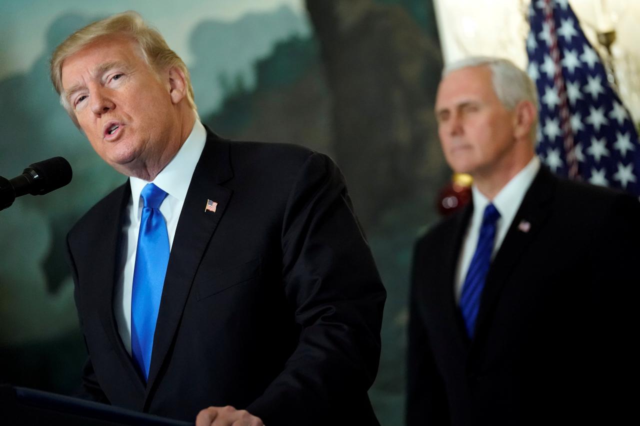 us president donald trump flanked by vice president mike pence delivers remarks recognizing jerusalem as the capital of israel at the white house in washington photo reuters