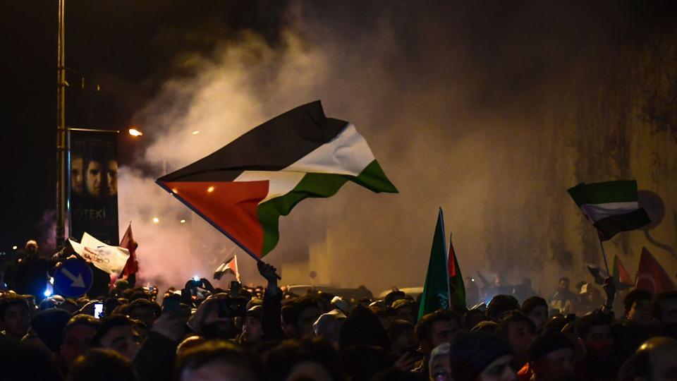 protesters wave palestinian flags during a demonstration against the us and israel in front of the us consulate in istanbul photo afp