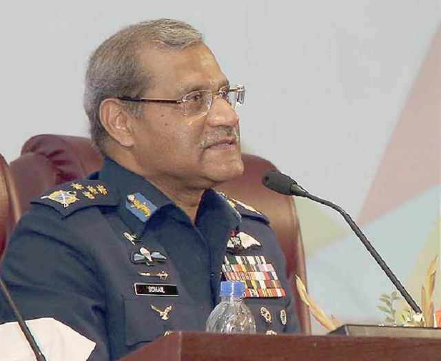 air chief marshal sohail aman addressing airtech 17 conference at air university in islamabad on thursday photo inp