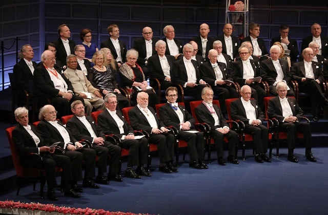 photo shows nobel prize laureates in physics great britain 039 s david j thouless great britain 039 s david j thouless and great britain 039 s john michael kosterlitz in chemistry france 039 s jean pierre sauvage great britain 039 s sir james fraser stoddart and netherland 039 s bernard l feringa medicine nobel prize laureate of japan yoshinori ohsumi and for economic sciences oliver hart of great britain and finland 039 s bengt holmstr m sit in the first row during the nobel prize award ceremony at the stockholm concert hall in stockholm sweden the nobel prize statistics are dour reading for women who 039 ve won only one of every 20 prizes and while the numbers are slowly improving the december 10 prize ceremony will be an all male affair for the second straight year photo afp photo shows nobel prize laureates in physics great britain 039 s david j thouless great britain 039 s david j thouless and great britain 039 s john michael kosterlitz in chemistry france 039 s jean pierre sauvage great britain 039 s sir james fraser stoddart and netherland 039 s bernard l feringa medicine nobel prize laureate of japan yoshinori ohsumi and for economic sciences oliver hart of great britain and finland 039 s bengt holmstr m sit in the first row during the nobel prize award ceremony at the stockholm concert hall in stockholm sweden the nobel prize statistics are dour reading for women who 039 ve won only one of every 20 prizes and while the numbers are slowly improving the december 10 prize ceremony will be an all male affair for the second straight year photo afp