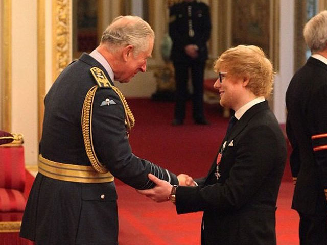 pop star ed sheeran receives honour from britain s prince charles
