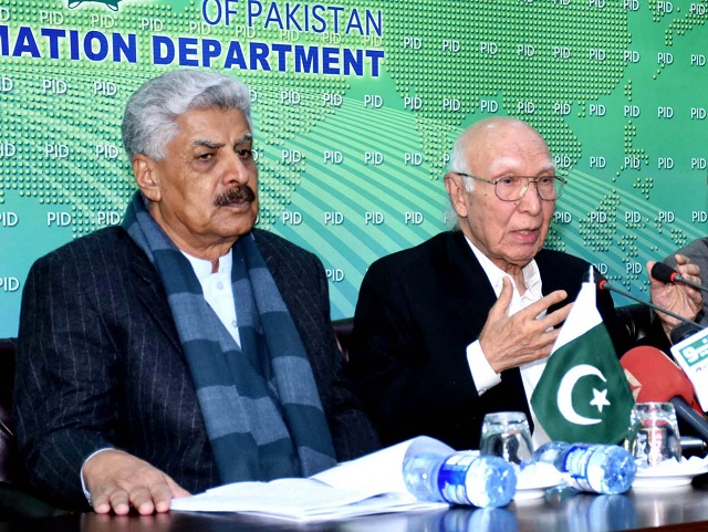 minister for states and frontier regions safron abdul qadir baloch and deputy chairman planning commission sartaj aziz addressing a press conference in islamabad on friday photo app