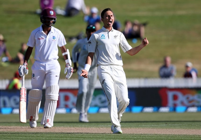 trent boult of new zealand celebrates the wicket of west indies 039 kieran powell during day three of the second test cricket match between new zealand and the west indies at seddon park in hamilton on december 11 2017 photo afp trent boult of new zealand celebrates the wicket of west indies 039 kieran powell during day three of the second test cricket match between new zealand and the west indies at seddon park in hamilton on december 11 2017 photo afp