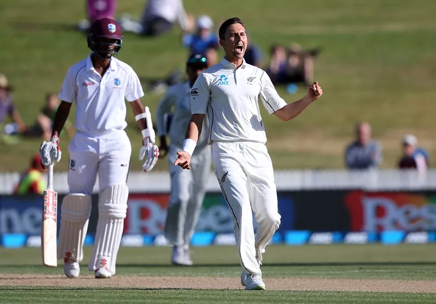 trent boult of new zealand celebrates the wicket of west indies 039 kieran powell during day three of the second test cricket match between new zealand and the west indies at seddon park in hamilton on december 11 2017 photo afp trent boult of new zealand celebrates the wicket of west indies 039 kieran powell during day three of the second test cricket match between new zealand and the west indies at seddon park in hamilton on december 11 2017 photo afp