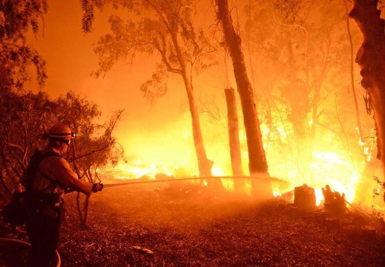 a firefighter battles flames from the sherpa fire in santa barbara california photo reuters