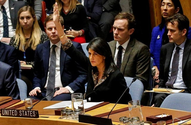 us ambassador to the united nations nikki haley vetos an egyptian drafted resolution regarding recent decisions concerning the status of jerusalem during the united nations security council meeting on the situation in the middle east including palestine at un headquarters in new york city new york us december 18 2017 photo reuters us ambassador to the united nations nikki haley vetos an egyptian drafted resolution regarding recent decisions concerning the status of jerusalem during the united nations security council meeting on the situation in the middle east including palestine at un headquarters in new york city new york us december 18 2017 photo reuters