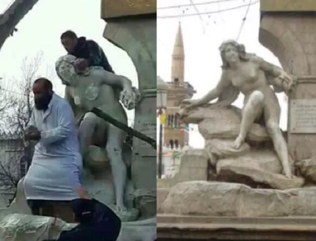 a bearded man wearing a qamis a long tunic attacked the statue with his hammer and chisel screengrab a bearded man wearing a qamis a long tunic attacked the statue with his hammer and chisel screengrab