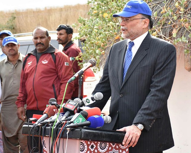 interior minister ahsan iqbal speaking to reporters regarding thar coal block ii in islamkot on friday photo sabah