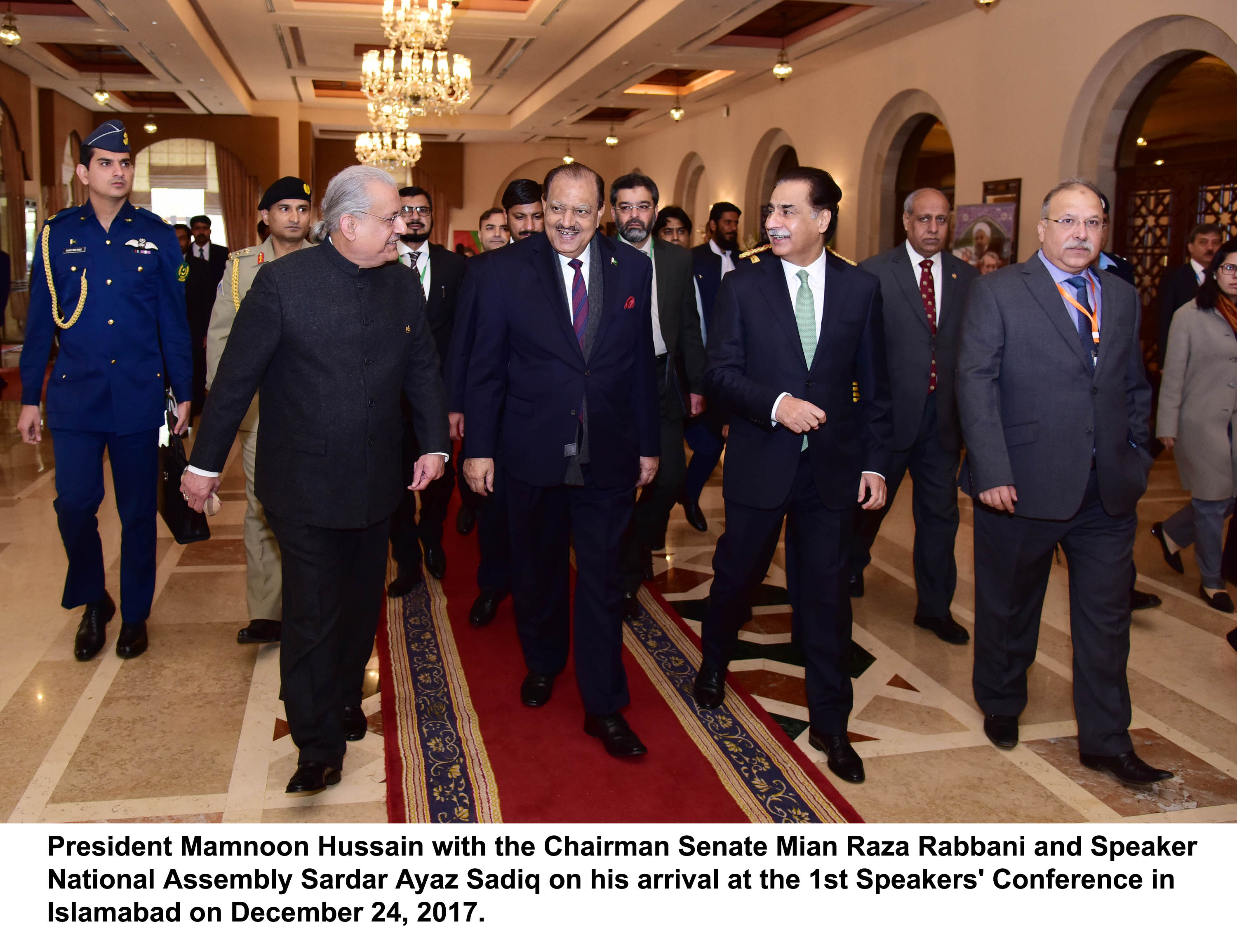 president mamnoon hussain with the chairman senate mian raza rabbani and speaker national assembly sardar ayaz sadiq on his arrival at the 1st speakers 039 conference in islamabad on december 24 2017 photo pid