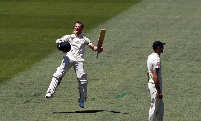 australia 039 s batsman david warner l leaps in the air as he celebrates scoring his century as england fieldsman james anderson r looks away on the first day of the fourth ashes cricket test match at the mcg in melbourne on december 26 2017 photo afp australia 039 s batsman david warner l leaps in the air as he celebrates scoring his century as england fieldsman james anderson r looks away on the first day of the fourth ashes cricket test match at the mcg in melbourne on december 26 2017 photo afp