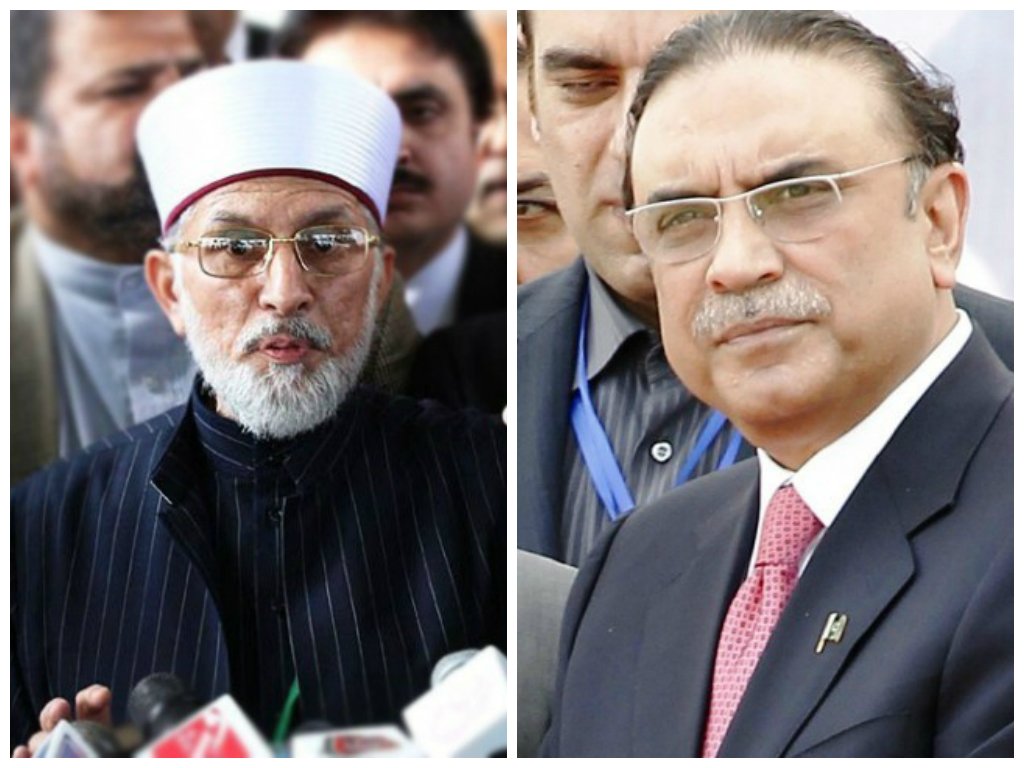 pat chief dr tahirul qadri l and ppp co chairman asif ali zardari r photo online reuters