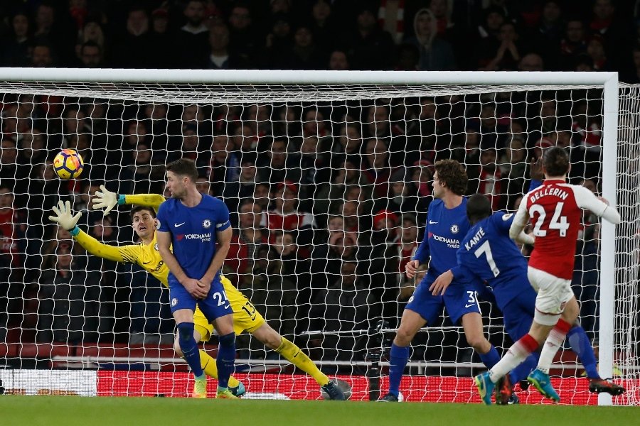 arsenal 039 s spanish defender hector bellerin r shoots and scores past chelsea 039 s belgian goalkeeper thibaut courtois during the english premier league football match between arsenal and chelsea at the emirates stadium in london on january 3 2018 photo afp