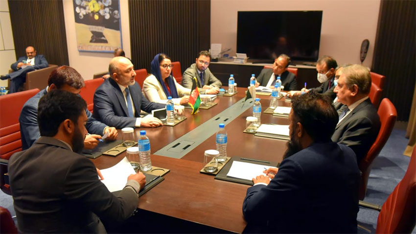 foreign minister shah mahmood qureshi in a meeting with afghan counterpart mohammad hanif atmar along with other officials photo radio pakistan file