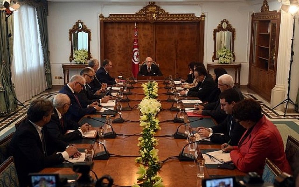 tunisian president beji caid essebsi c attends a meeting with political parties unions and employers on january 13 2018 in tunis following unrest triggered by austerity measures photo afp