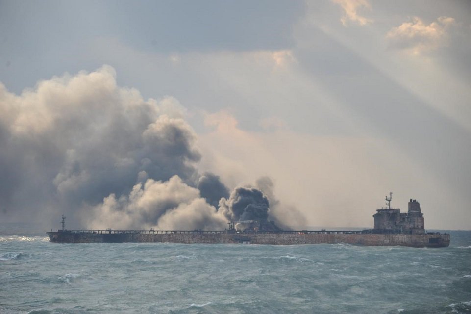 smoke is seen from the panama registered sanchi tanker carrying iranian oil which went ablaze after a collision with a chinese freight ship in the east china sea in this january 9 2018 handout picture released by china 039 s ministry of transport january 10 2018 photo reuters