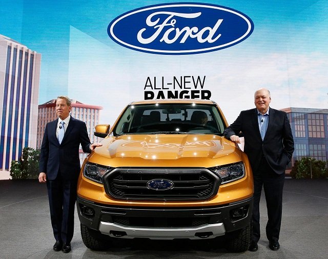 bill ford executive chairman of the ford motor company and jim hackett r president and ceo present the 2019 ford ranger during the ford press preview at the north american international auto show in detroit michigan us january 14 2018 photo reuters