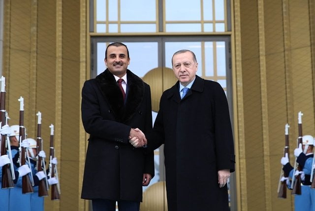 this handout photo taken and released by the turkish presidential press service on january 15 2018 shows turkish president recep tayyip erdogan r and emir of qatar sheikh tamim bin hamad al thani l shaking hands as they pose for a photo during their meeting at the presidential complex in ankara photo afp