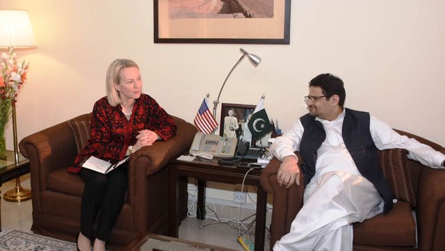 adviser to the prime minister on finance dr miftah ismail meets us acting assistant secretary of state for south and central asian affairs ambassador alice g wells in islamabad on monday photo pid